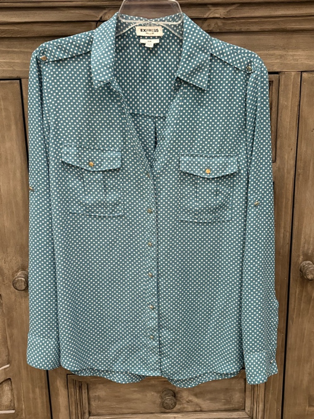 EUC Women’s EXPRESS Portofino Teal Polka Dot Roll Tab Sleeve Blouse (L)